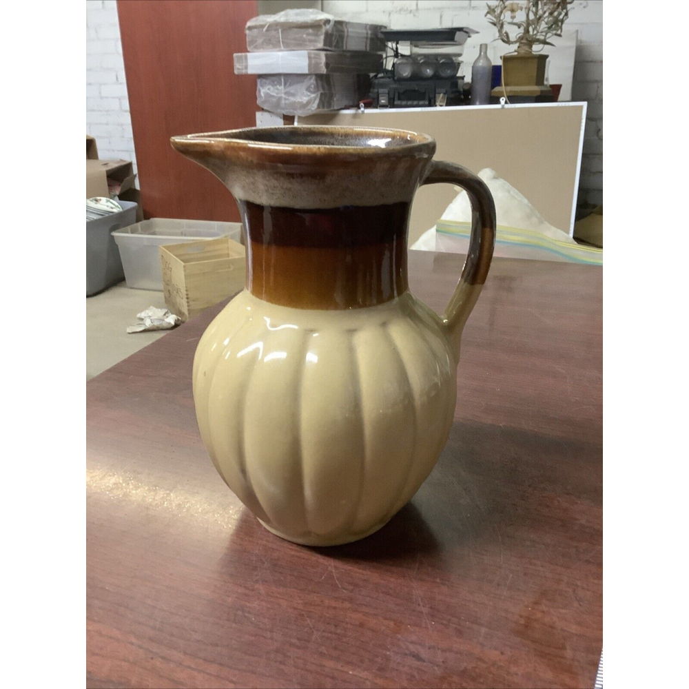 Vintage Drip Glaze Ceramic Pitcher Mid Century Retro Farmhouse Vase Brown Tan 7"